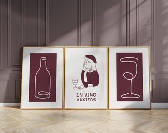 Wine Wall Art, Dining Room Decor, Bar Wall Prints, Neutral Kitchen Gallery Poster, Cocktail Art for Restaurants, Set of 3 D126