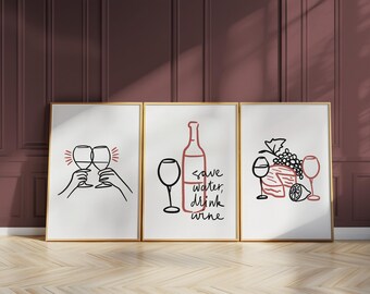 Save Water Drink Wine Print Set, Minimalist Kitchen Wall Art, Modern Bar Cart Decor, Wine Lover Gift (Set of 3) D75