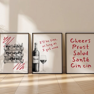 Set of 3 Artistic Wine Prints, I'll Be Fine Print, Trendy Bar Art, Bar Cart Decor, Wine Lover Gift, Lounge Poster, Wine Connoisseur Art 60