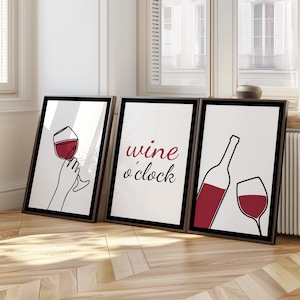 Set of 3 Wine O&#39;Clock Print, Trendy Bar Wall Art, Modern Kitchen Decor, Bar Cart Decor, Wine Lover Gift, Wine Print, Lounge Art Poster 56