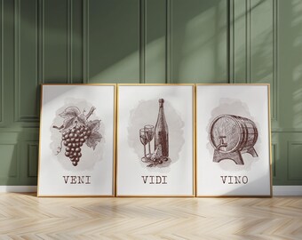 Veni Vidi Vino Wine Prints Set, Home Bar Art D124