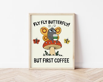 Butterfly Coffee Art Print, Whimsical Kitchen Decor MR2