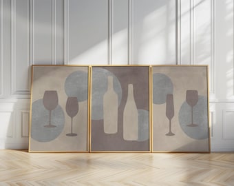 Neutral Wine Art Print Set, Bar Cart Decor, Modern Lounge Posters D115