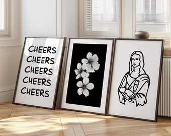 Black and White Poster Set – Cheers, Floral, Mona Lisa Line Art D110