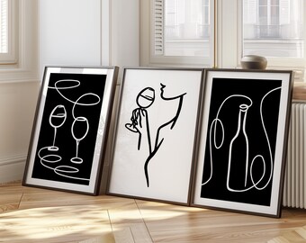 Abstract Wine Print Set, Minimalist Bar Cart Decor D114