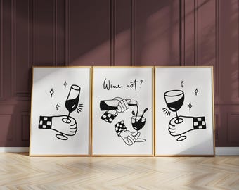 Wine Not Print Set, Trendy Bar Art, Modern Kitchen Decor D125