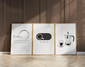 Coffee Wall Art – Minimalist Black and White Poster Set for Kitchen, Dining or Coffee Bar, Neutral French Press Quote Prints Decor D43