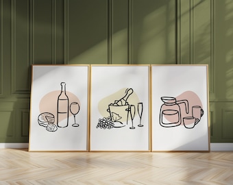 Set di 3 stampe Line Art Bar, decorazione da cucina, carrello bar, regalo per vino e formaggio D94