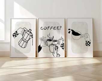 Retro Coffee Art Print, Hand Drawn Kitchen Decor (Digital Download)