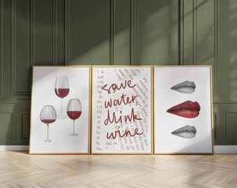 Wine Art Prints, Trendy Bar Decor Set of 3 D102