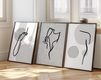 Set of 3 Wine Prints, Modern Line Art, Bar Cart Decor D111