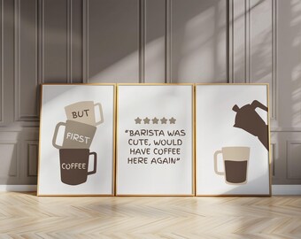 Coffee Mugs Prints Set of 3, Neutral Kitchen Decor, Cafe Wall Art Posters, Coffee Lover Gift, Barista Was Cute Poster D51
