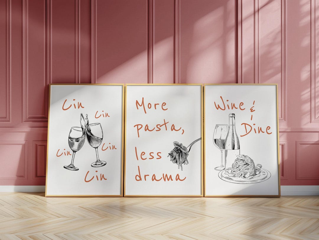 Funny Kitchen Wall Art Set – Wine and Pasta Posters for Dining Room ...