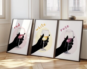 Set of 3 Wine Glass Posters, Trendy Bar Wall Art, Modern Kitchen Decor, Bar Cart Decor, Wine Lover Gift, Wine Print, Lounge Art Poster 53