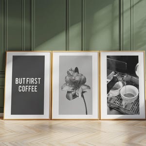 Espresso Machine Art Print Set, Floral Coffee Quote, Modern Kitchen Decor D105