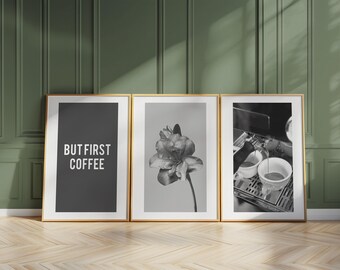 Espresso Machine Art Print Set, Floral Coffee Quote, Modern Kitchen Decor D105