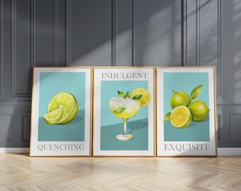 Citrus Cocktail Prints, Set of 3 Bar Cart Wall Art for Kitchen, Margarita Decor D24