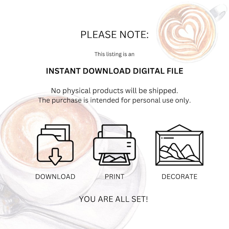May include: Digital file listing with text: "PLEASE NOTE: This listing is an INSTANT DOWNLOAD DIGITAL FILE. No physical products will be shipped. The purchase is intended for personal use only." Includes icons for download, print, and decorate.