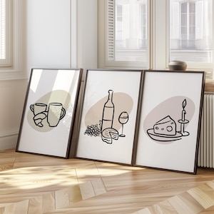 Set of 3 Wine and Cheese Print, Trendy Bar Wall Art, Minimalist Modern Kitchen Decor, Bar Cart Decor, Wine Lover, Dining Room Wall Art D103