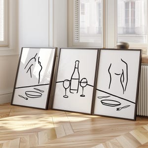 Set of 3 Wine Print, Trendy Bar Wall Art, Modern Kitchen Decor, Bar Cart Decor, Wine Lover Gift, Contemporary line, Abstract Dining Art D100