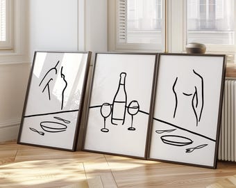 Set of 3 Wine Prints, Modern Line Art, Kitchen Bar Decor D100