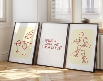 Wine Cheers Print Set, Minimalist Bar Cart Decor D101