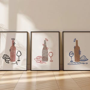 ワインプリント3枚セット、エレガントなウォールアート、モダンなキッチン装飾、バーカート装飾、ワイン愛好家へのギフト、ラインアートラウンジポスター、ワインボトルプリント65