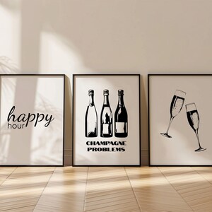 Set of 3 Champagne Posters, Trendy Wall Art, Modern Monochrome Wall Art, Bar Cart Decor, Quote Poster, Minimalist Black and White Prints 29