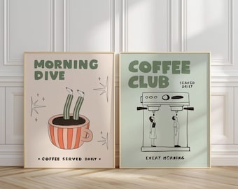 Coffee Bar Decor Set of 2 Posters, Espresso Print, Retro Kitchen Art, Coffee-Lover Gift