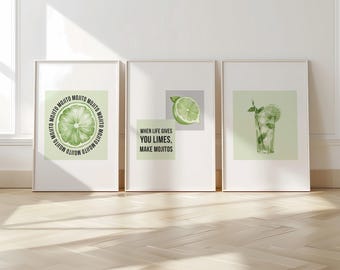 Mojito Art Prints, Modern Kitchen Bar Decor, Set of 3 (D45)