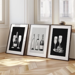Set of 3 Champagne Posters, Trendy Wall Art, Modern Monochrome Wall Art, Bar Cart Decor, Minimalist Black and White Prints, modern poster 91