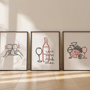 Set of 3 Save Water Drink Wine Print, Trendy Bar Wall Art, Modern Kitchen Decor, Bar Cart Decor, Wine Lover Gift, Lounge Art Poster 75