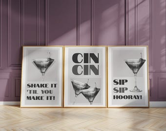 Black and White Cocktail Poster Set, Martini Wall Art for Kitchen or Bar, Minimalist Decor, Bold Quote Prints, Wine Lovers Gift D06