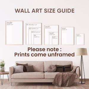 Pu&ograve; includere: Una guida alle dimensioni per arte da parete che mostra varie misure in pollici e centimetri, inclusi 24x36, 24x30, 18x24, 11x14 e formati A. Il testo recita: WALL ART SIZE GUIDE e Please note: Prints come unframed.