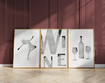 Wine Art Print Set of 3, Modern Home Bar Decor D117