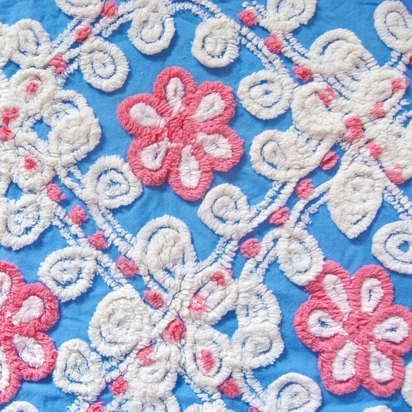 Plush Tonal Pink, White and Blue Floral Vintage Cotton Chenille Bedspread Fabric 22 x 25.5 Inches