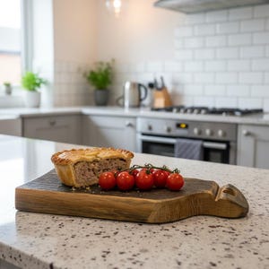 Op de afbeelding: Een hartige vleespastei met een gouden korst, doorgesneden om de vulling te laten zien, ligt op een houten snijplank met rode kerstomaatjes. De scène speelt zich af in een moderne keuken met een granieten aanrecht.