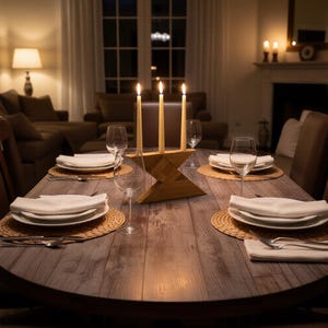 Può includere: Un tavolo da pranzo in legno apparecchiato per un pasto, con un centrotavola con tre candele accese. Il tavolo è apparecchiato con piatti bianchi, tovaglioli, calici e sottopiatti intrecciati. La stanza è scarsamente illuminata.