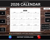 2026 Calendar, Yearly 2026 wall calendar, printable 2026 calendar, Annual Horizontal Calendar 2026, Printable PDF in A4, A5 & US Letter