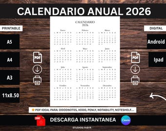 May include: A printable 2026 annual calendar in black and white, with options for A5, A4, A3, and 11x8.50 sizes. Digital versions are available for Android and iPad. The calendar is designed for use with various note-taking apps.