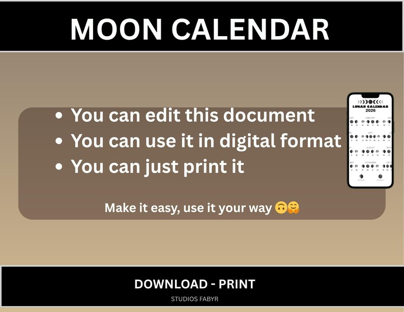 Moon Calendar 2026 Printable | Moon Phases Wall Art, Minimalist PDF ...