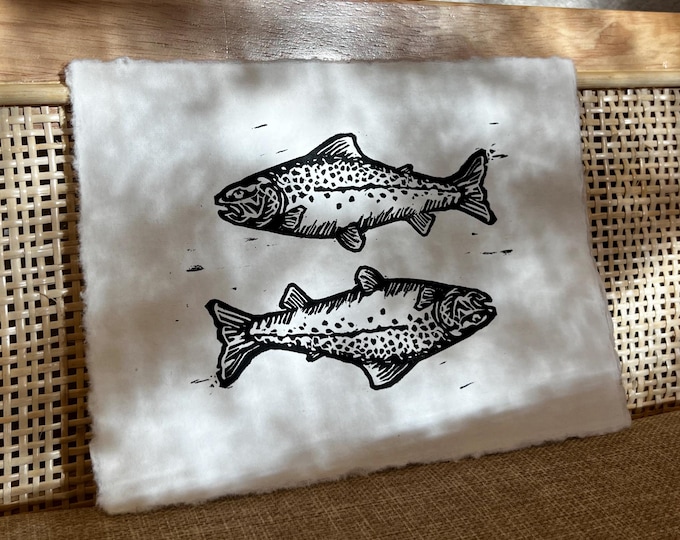 Two Fish Print | Rainbow Trout Linocut Art Print