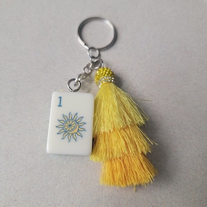 Three Color Mahjong One Dot Tile Keychain, Lemon Sun Mahjong Tile, White, Yellow and Teal Tile, With Bright Yellow Tassel, Vibrant Colors image 1