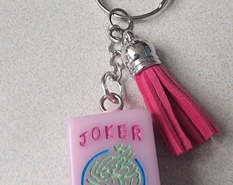 One Very Cute Pink Mahjong Joker Keychain,  Hand Drilled Pink Mahjong Tile with Silver Tone Keychain, Bright Pink Tassel, Engraved Brightly