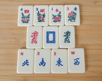 11 Thin Mahjong Tiles for Crafting, Dragons, Winds and Flowers.  Crafting Gift in a Gift Bag