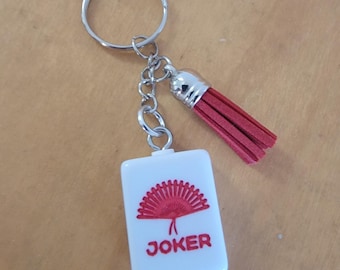 White Mahjong Joker Tile Key Chain, Bag Charm, Embossed Mahjong Tile with Red Tassel, White Joker Tile with Red Embossed Fan, Gift for Her