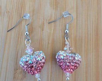 Valentines Day Earrings, Pave Encrusted Hearts Ombre Effect from Clear to Fuschia Pave Crystals, Austrian Crystals, Gift for Her