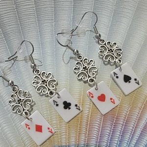 Aces High Earrings, White Ace Dangle Earrings with Silver Tone Scroll Connector, Hypoallergenic Ear Wires, Hearts/Spades or Diamond/Clubs