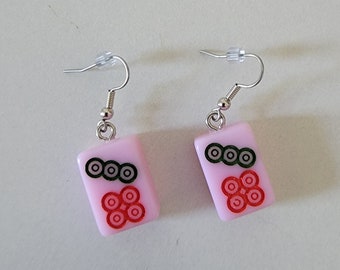 Pink Mini Mahjong Tile Earrings, Gift for Her, Lucky number 7 Dot, Surgical Steel Ear Wires, Small and Lightweight,  Rubber Stoppers