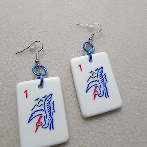 Mahjong One Bam Tile, Ivory Color Mahjong Tile Earrings with Blue Jump Rings, Surgical Steel Ear Wires, Mahjong Jewelry Gift for Her